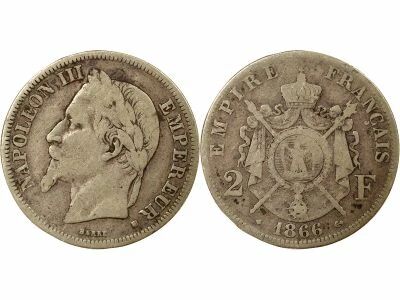 France Napoleon III - 2 Silver Francs, Laureate Head - 1866 BB Strasbourg