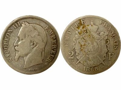 France Napoleon III - 2 Silver Francs, Laureate Head - 1868 BB Strasbourg