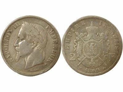 France Napoleon III - 2 Silver Francs, Laureate Head - 1869 BB Strasbourg