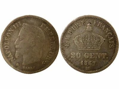 France Napol�on III - 20 Centimes Argent, Grand Module - 1867 BB Strasbourg