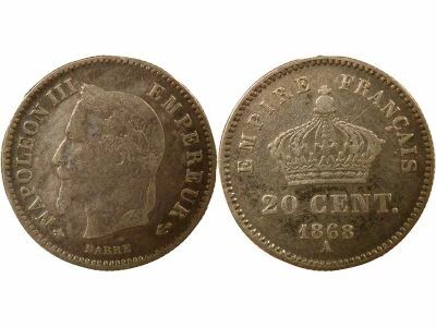 France Napol�on III - 20 Centimes Argent, Grand Module - 1868 A Paris