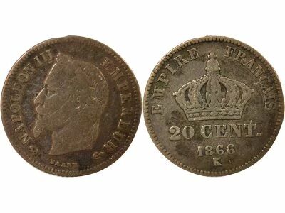 France Napol�on III - 20 Centimes Argent, Laur�, Petit Diam�tre - 1866 K Bordeaux