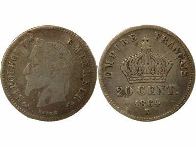 France Napol�on III - 20 Centimes Argent, Laur�, Petit Module - 1864 K Bordeaux