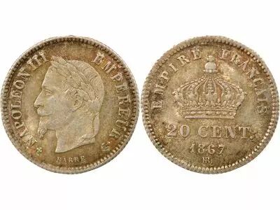 France Napoleon III - 20 Silver Centimes , Big Diameter - 1867 BB Strasbourg