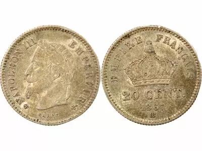 France Napoleon III - 20 Silver Centimes , Big Diameter - 1867 BB Strasbourg