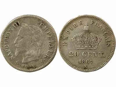 France Napoleon III - 20 Silver Centimes , Large Diameter - 1867 K Bordeaux