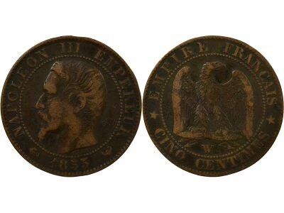 France Napoleon III - 5 Cents, Bare Head - 1855 W Lille