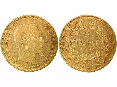 France Napoleon III - 5 Gold Francs, Bare Head, Big Diameter - 1857 A Paris