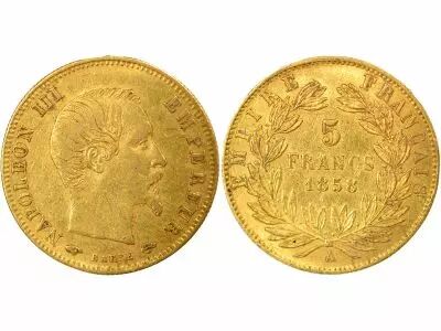 France Napoleon III - 5 Gold Francs, Bare Head, Big Diameter - 1858 A Paris