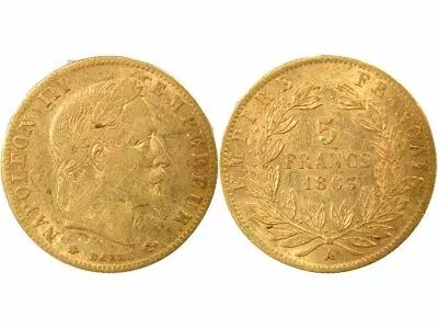 France Napoleon III - 5 Gold Francs, Laureate Head - 1863 A Paris