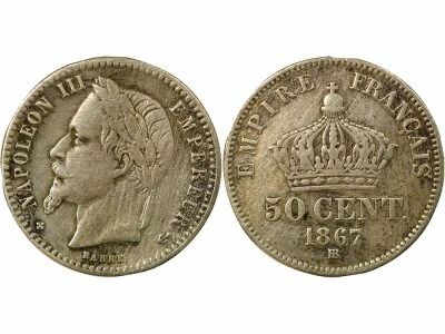 France Napoleon III - 50 Silver Centimes, Laureate Head - 1867 Small BB Strasbourg