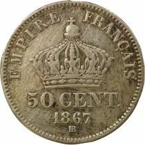 France Napoleon III - 50 Silver Centimes, Laureate Head - 1867 Small BB Strasbourg