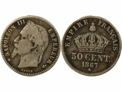 France Napoleon III - 50 Silver Centimes, Laureate Head- 1867 A Paris
