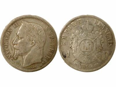 France Napol�on III - Franc Argent, T�te Laur�e - 1866 K Bordeaux