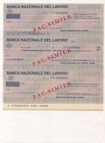 France Série 3 chèques de la Banca Nazionale del Lavoro non émis de la banque avec la mention rouge Fac-Sim - 1981