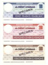 France Série 3 Spécimens Traveller-Check du Crédit Lyonnais , France Contient 100, 200 et 500 F, avec sa plaquette de présentati