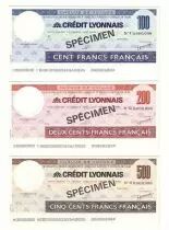 France Série 3 Spécimens Traveller-Check du Crédit Lyonnais
