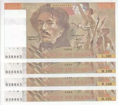 France Set of 4 Faut�s - 100 Francs - Delacroix - 1986 - Alphabet 103 - Number 038865