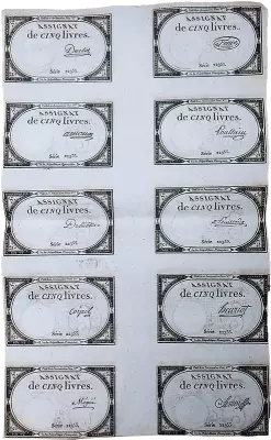 France Sheet of 10 notes of  5 Livres - 10 Brumaire Year II (31.10.1793) - Serial 22355