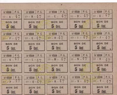 France Sheet of 5 cent x 20 ex - Prisonniers de guerre - 14�me r�gion - Lyon - WWI