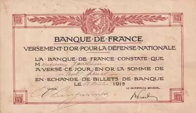 Versement en or de 100 francs pour la défense nationale, Banque de