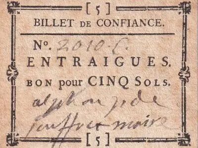 France Voucher for 5 Sols - Billet de Confiance - Vaucluse - Entraigues - n�2010