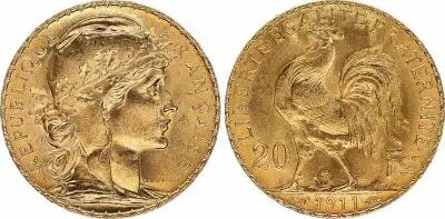 Francia  20 Francs, Marian - Rooster 1911 - Gold