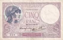 Francia  5 Francs - Modified helmeted woman - 17.08.1939 - Serial D.60933