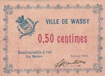 Francia 0.50 cents - City of Wassy - February 1916