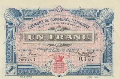 Francia 1 Franc - Annonay Chamber of Commerce - 22-02-1917 - Serial 1