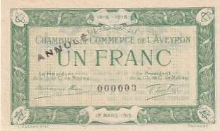 Francia 1 Franc - Aveyron Chamber of Commerce - 1915 - Cancelled