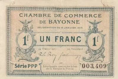 Francia 1 Franc - Bayonne Chamber of Commerce - 16-01-1915 - Seriel PPP