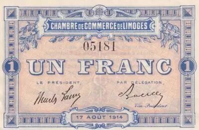 Francia 1 Franc - Chamber of  Commerce - Limoges  17-08-1914