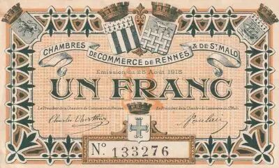 Francia 1 Franc - Chamber of  Commerce de Rennes et Saint-Malo - 1915