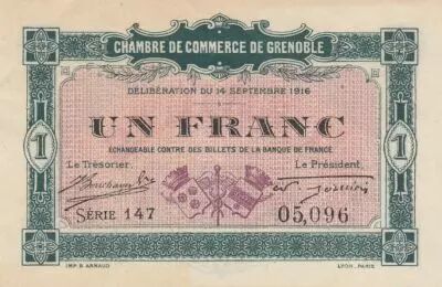 Francia 1 Franc - Chamber of Commerce - Grenoble - 14-09-1916 - Serial 147