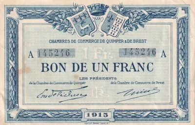 Francia 1 Franc - Chamber of Commerce - Quimper and Brest - 1915 - Serial A
