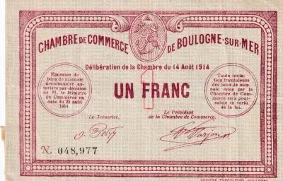 Francia 1 Franc - Chambre de commerce - Boulogne sur Mer - 14-08- 1914