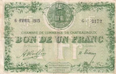 Francia 1 Franc - Chambre de Commerce - Ch�teauroux - 1915 - S�rie G