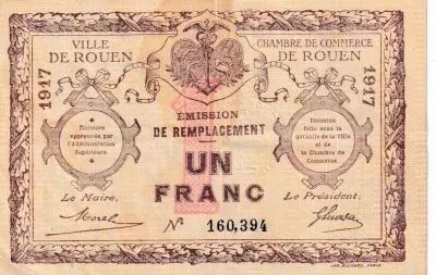 Francia 1 Franc - Chambre de Commerce - Rouen - �mission de remplacement - 1917