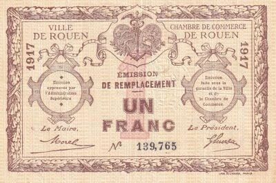 Francia 1 Franc - Chambre de Commerce - Rouen - �mission de remplacement - 1917