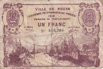 Francia 1 Franc - Chambre de Commerce - Rouen - Emission de remplacement - 1918
