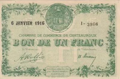 Francia 1 Franc - Chateauroux Chamber of Commerce - 06-01-1916 - Serial I