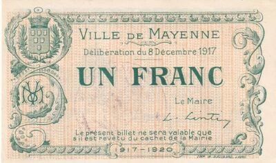 Francia 1 Franc - City -  Mayenne - 08-12-1917