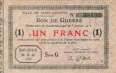 Francia 1 Franc - City of Saint-Quentin - 03-01-1916 - Serial G