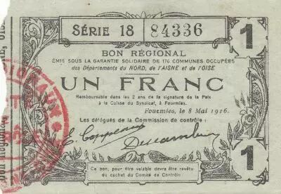 Francia 1 Franc - Fourmies - Regional Coupon - 08-05-1916 - Serial 18