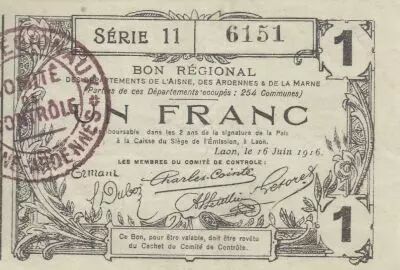 Francia 1 Franc - Laon - Regional Coupon - 16-06-1916 - Serial 11