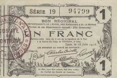 Francia 1 Franc - Laon - Regional Coupon - 16-06-1916 - Serial 19