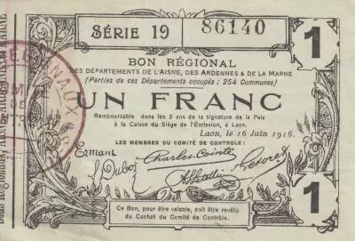 Francia 1 Franc - Laon - Regional Coupon - 16-06-1916 - Serial 19