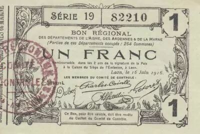 Francia 1 Franc - Laon - Regional Coupon - 16-06-1916 - Serial 19