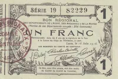 Francia 1 Franc - Laon - Regional Coupon - 16-06-1916 - Serial 19
